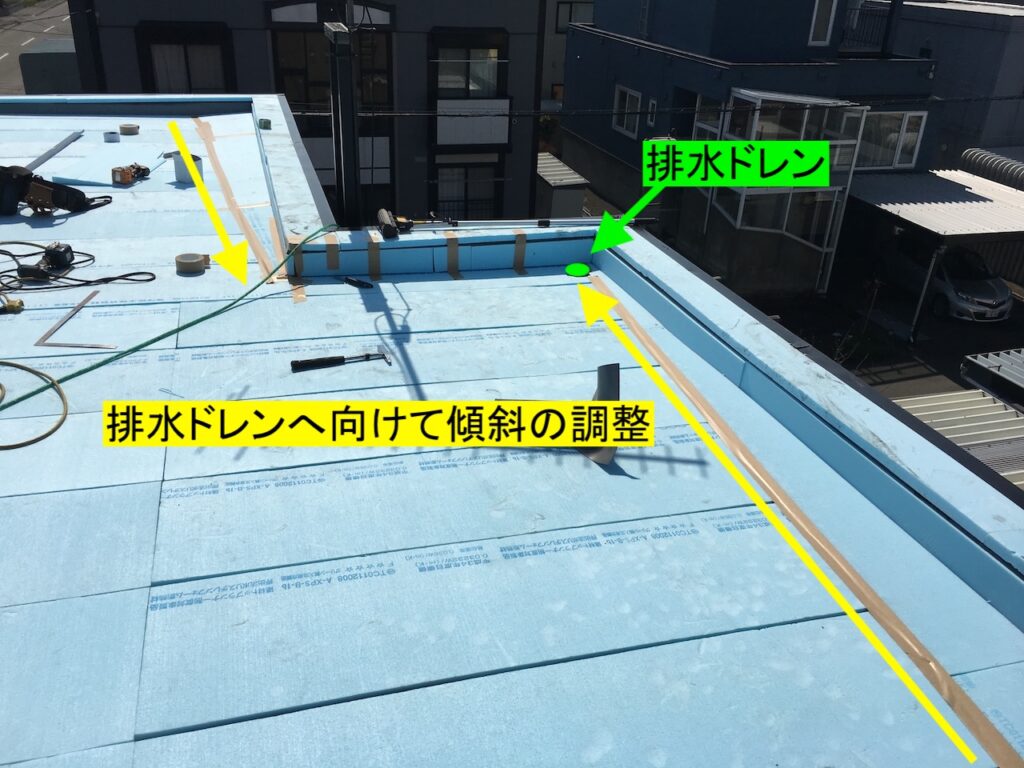 排水ドレンへ向けて水が流れやすくするように勾配の調整（セキスイハイム）