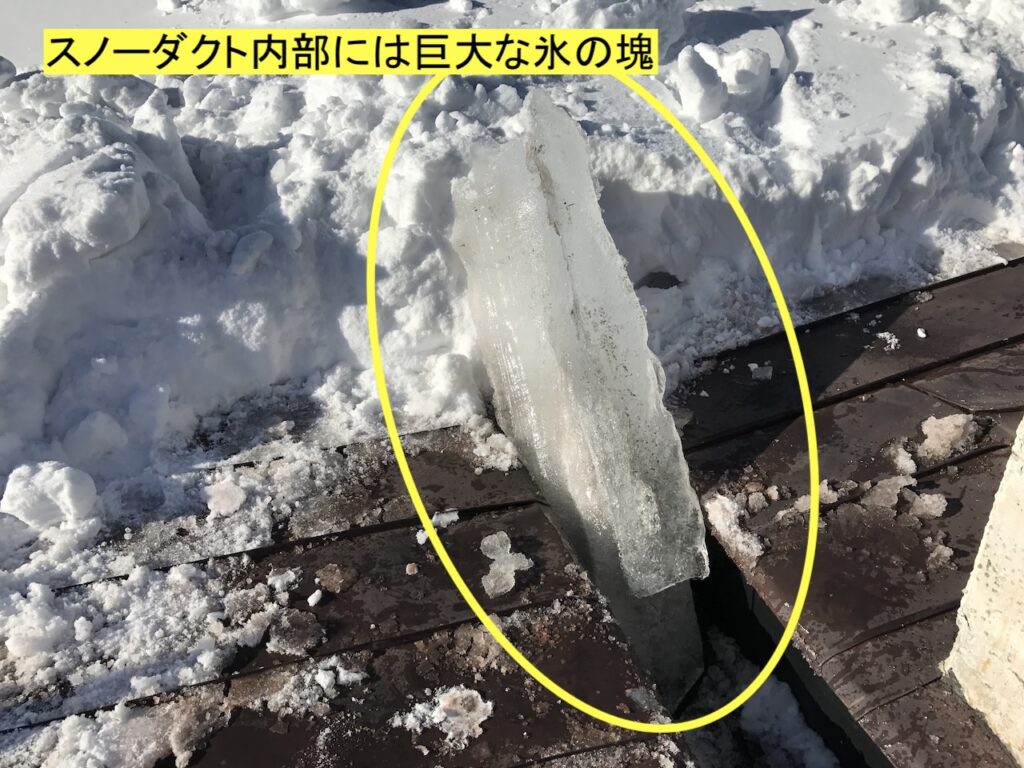 スノーダクト内部の巨大な氷の塊がオーバーフローの原因