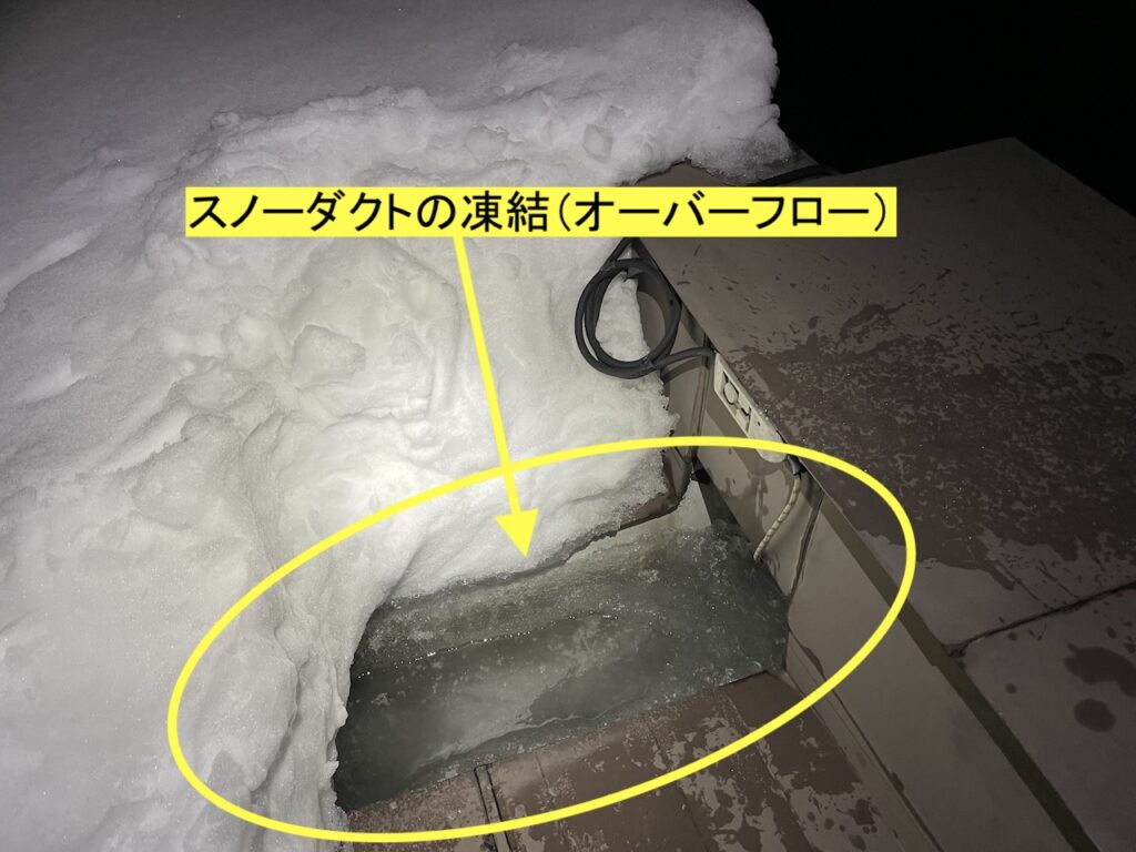 札幌市内の戸建てのスノーダクトが凍りついて、溢れてしまうオーバーフロー事故の画像