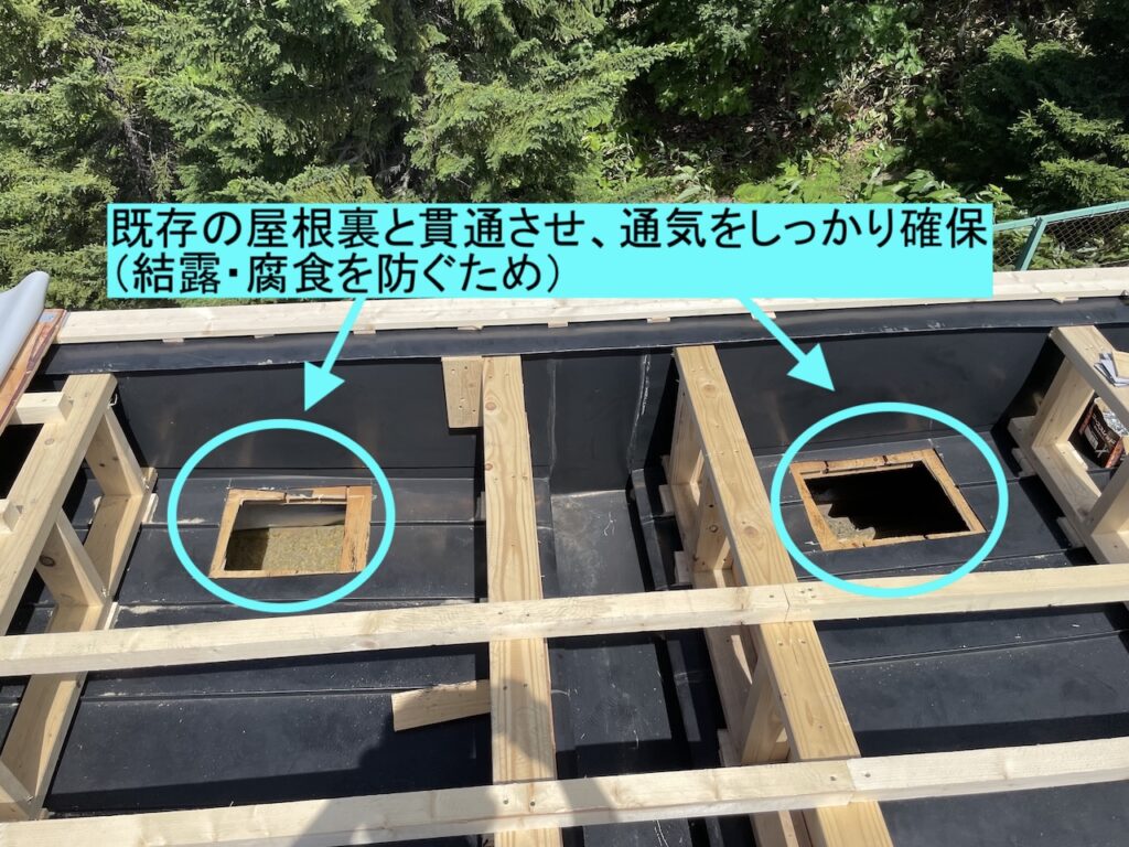既存屋根と新たな屋根を貫通（通気の確保）